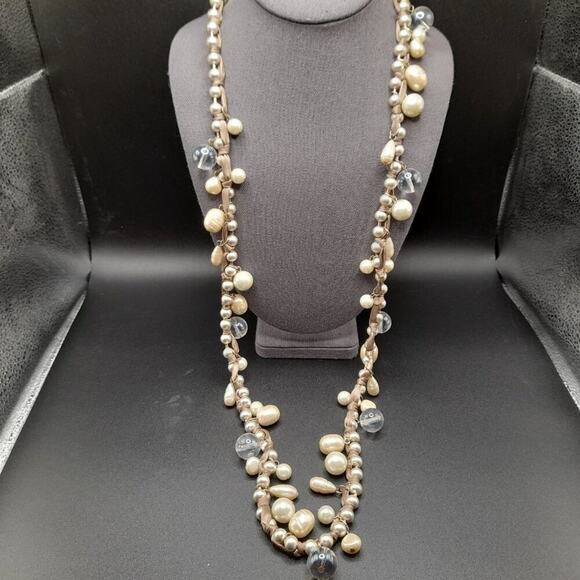 Chico's Glass Pearl Long Necklace,  Clear Globe Beads, 41 Inches, Beige Ribbon - Picture 5 of 11
